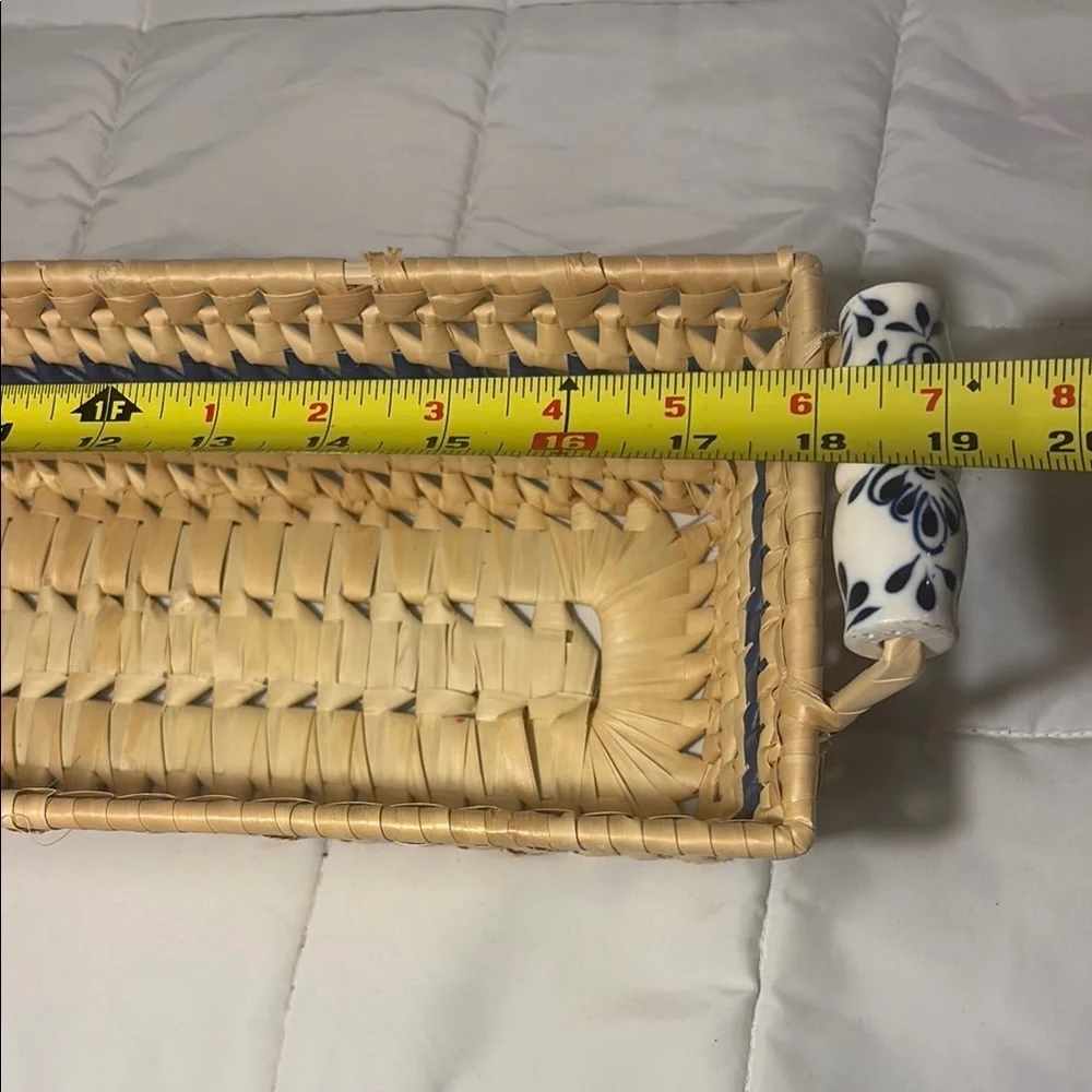 Woven Rectangular Basket with Ceramic Blue and White  Handles